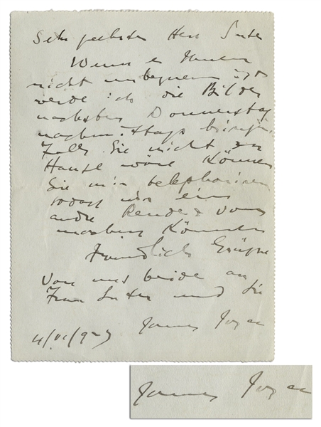 James Joyce Autograph Letter Signed in 1923 to the Sculptor August Suter -- Shortly After the Publication of ''Ulysses'' in 1922